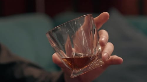 Caucasian Drunk Male Businessman Smiling Smoking Cigar Drinking Whiskey at Home Man Addict Guy Drink