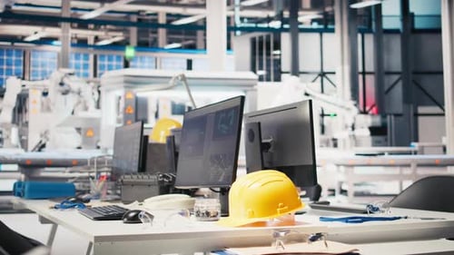 PC-Display in einer leeren Photovoltaikfabrik zur Überwachung der Systemleistung