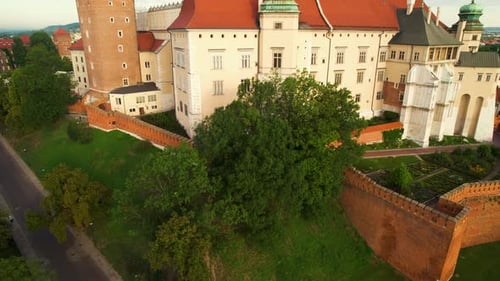 Famous Wawel castle in Cracow, Poland, aerial establishing pedestal up