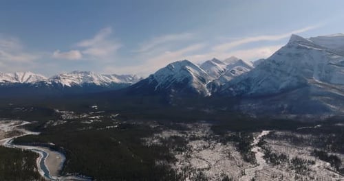 aerial view of canadian rocky mountains during winter with river