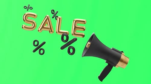 Black megaphone, golden SALE text and black discount signs isolated on green background.