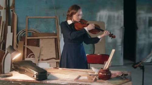 Woman Plays Violin in Sunny Room