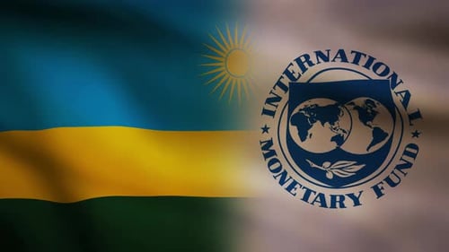 Rwanda Flag and IMF Logo Waving Together