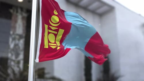 Realistic Mongolian Flag Waving on Flagpole