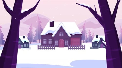 Flat Design Winter Landscape with Falling Snow and Cozy Houses