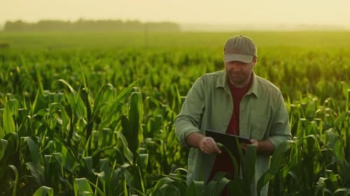 Male Farmworker Examining Corn Plants In Field In Summer Portrait Of Man Making Notes In Tablet