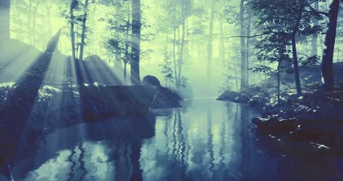 Mystical Forest with Rays of Sunlight Reflecting on Calm Water Surface