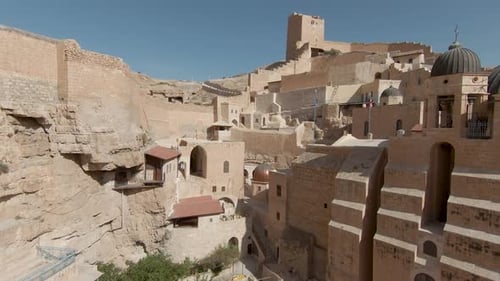 FPV Mar Saba Greek Orthodox Monastery in Israel Judaean Desert, Aerial view