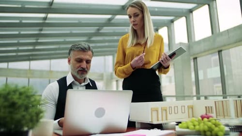 Two Architects with Model of a House in Office, Talking