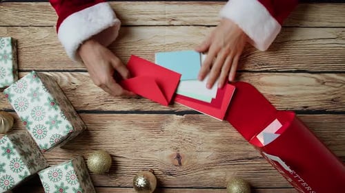 Santa Hands Place Money and Gift on Letters