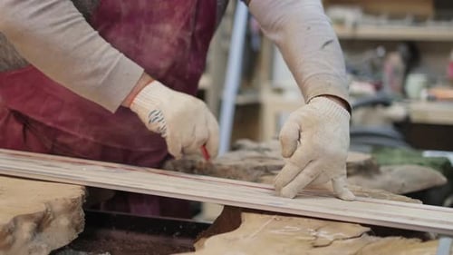 Marking Out Cuts on a Wood Slab Accuracy Focused Demonstrates the Skill Behind Custom Woodworking in