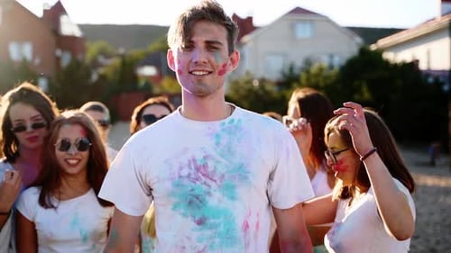 Happy Young People Celebrate Holi Festival Together