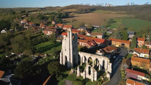 Aerial View Of Ruins of the old Church In Ablain-Saint-Nazaire In France.