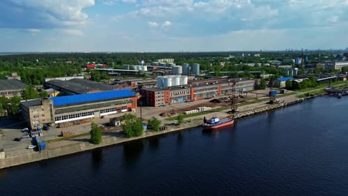 Commercial buildings near harbor of Riga, aerial drone view