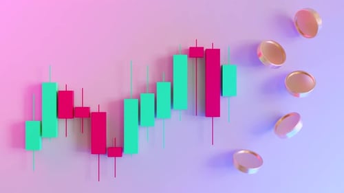3D Candlestick Chart Animation with Falling Coins