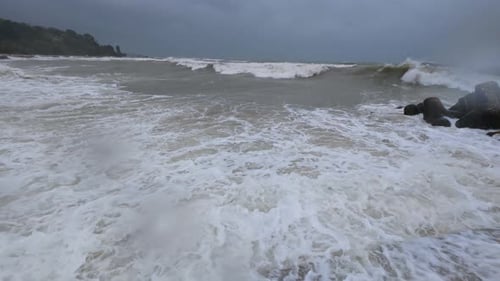 Huge Storm Waves Crashing Against Rocks on the Coast Dramatic View of Raging Sea and Extreme Weather