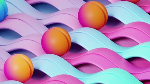 Gestreifte, lebendige blaugrüne und orangefarbene Kugeln, die entlang einer wellenförmigen Bahn rollen, nahtlose 3D-Loop-Animation