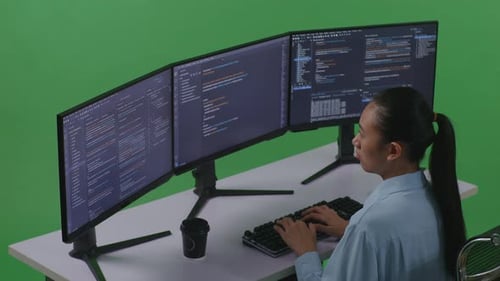 Asian Woman Developer Using Computer To Write Code With Multiple Screens In Green Screen