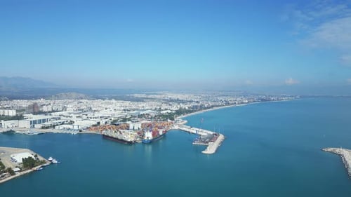 Aerial View of City Coastline and Shipping Port