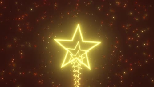 Golden Yellow 3D Neon Glowing Circular Star Tunnel Floating In Space