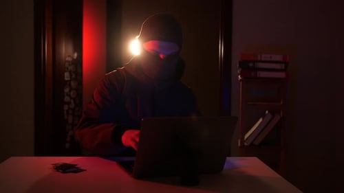 Masked Hacker Using Laptop and Handling Currency