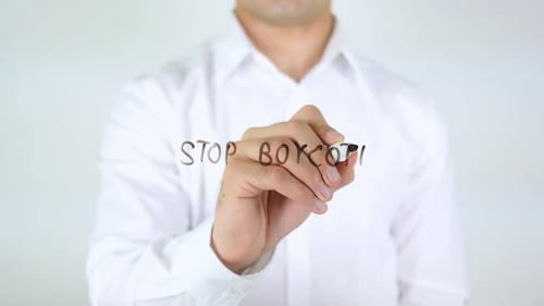 Stop Boycott, Man Writing on Glass