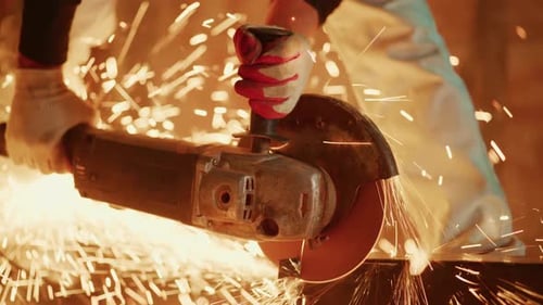 Metal Cutting Scene Skilled Technician Slicing Metal Using Spinning Disc Amidst Shower of Sparks