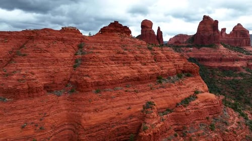 Aerial view of rock formations under cloudy sky, United States.