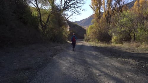 Woman Hikes on Dirt Path in Rural Setting