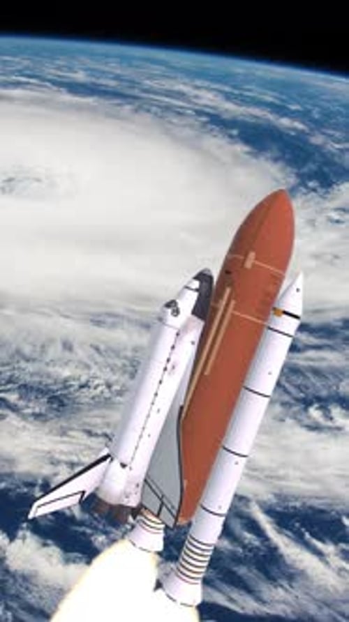 Space Shuttle Launching into Orbit Above Earth with Hurricane