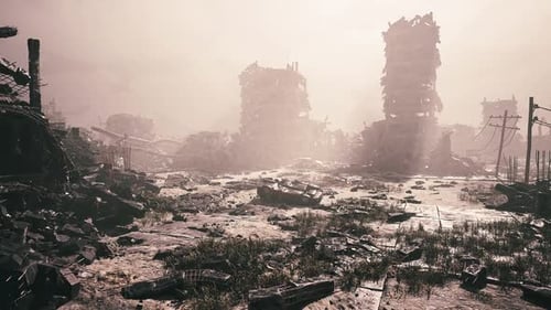 Ruins of a Desolate Urban Landscape After Catastrophic Event in Muted Tones