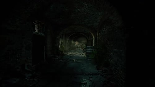 Abandoned Underground Passage with Eerie Lighting and Cracked Stone Walls