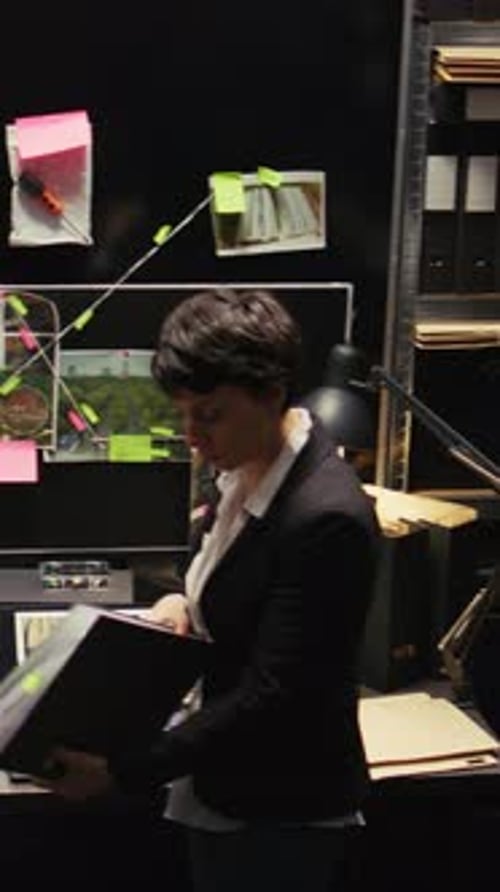 Woman Examining Documents at a Cluttered Desk