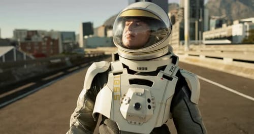 Space, travel and astronaut in city with discovery, future dystopia or planet for mission