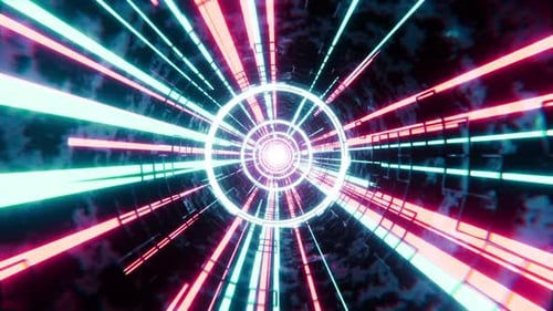 Abstract science-fiction tunnel with colorful neon rays. 3D seamless animation