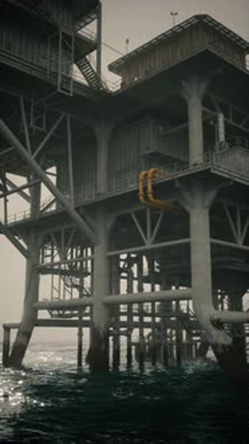 Giant Oil Rig Stands Tall Over the Waves in a Misty Ocean Environment