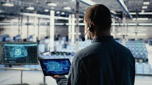 Data Center Engineer Using AI on Tablet to Help Clients Resolve Hosting Problems