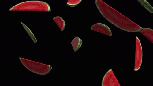 Falling slices of watermelon over alpha channel. Rain of slices watermelon. Watermelon background.