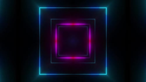 Dynamic neon tunnel with glowing blue and purple squares inside