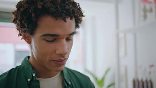 Black Skin Guy Enjoy Flowers Bouquet Closeup African Man Buy Roses in Shop