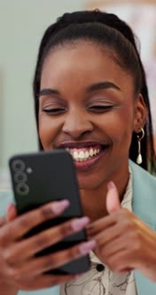 Office, black woman and smartphone with joke for laughing, scroll and online connection for message