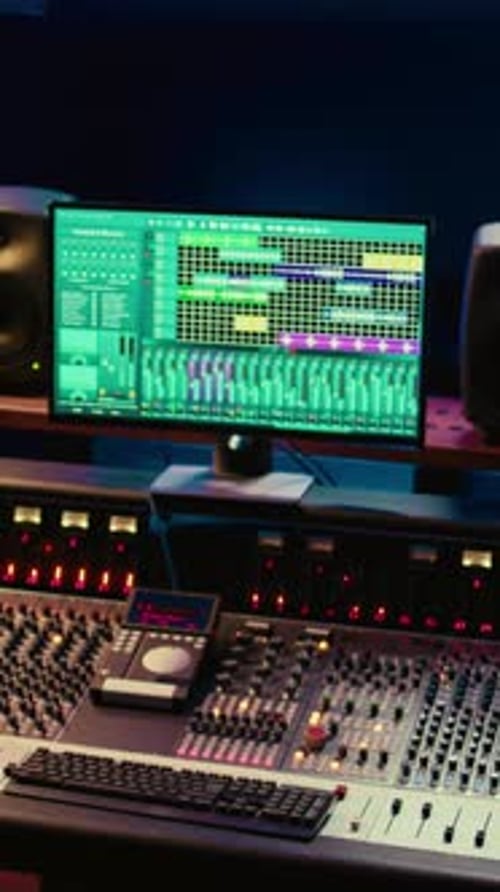 Vertical Video Music Record Studio Control Room with Daw Software Used to Mix and Master Audio