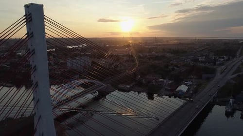Aerial shot of Cable-Stayed Bridge On Motława River In Gdansk, Poland