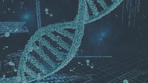 Animation der DNA-Strangspinnung und Datenverarbeitung auf grauem Hintergrund