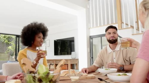 Friends toasting with drinks around dining table, enjoying meal together