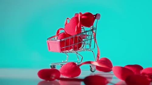 Shopping Cart Full of Red Hearts on Blue