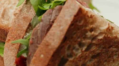 American Pastrami Sandwich in New York Ham Meet Cuts Chef Cooking Famous Thick Cut Sous Vide Beef