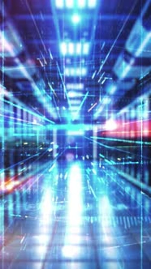 Animated Server Room with Digital Data Stream