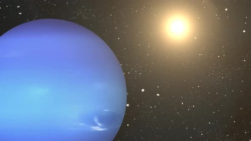 Rotierender Neptunplanet, Kugelgalaxie im Weltraum mit Sonnensystem, Video über Wissenschaft und Technologie. 1466