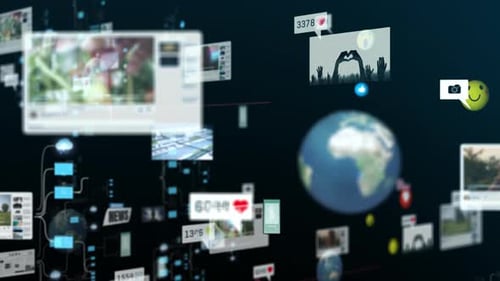 Immersive digital scene showing various user-generated content floating in a virtual space